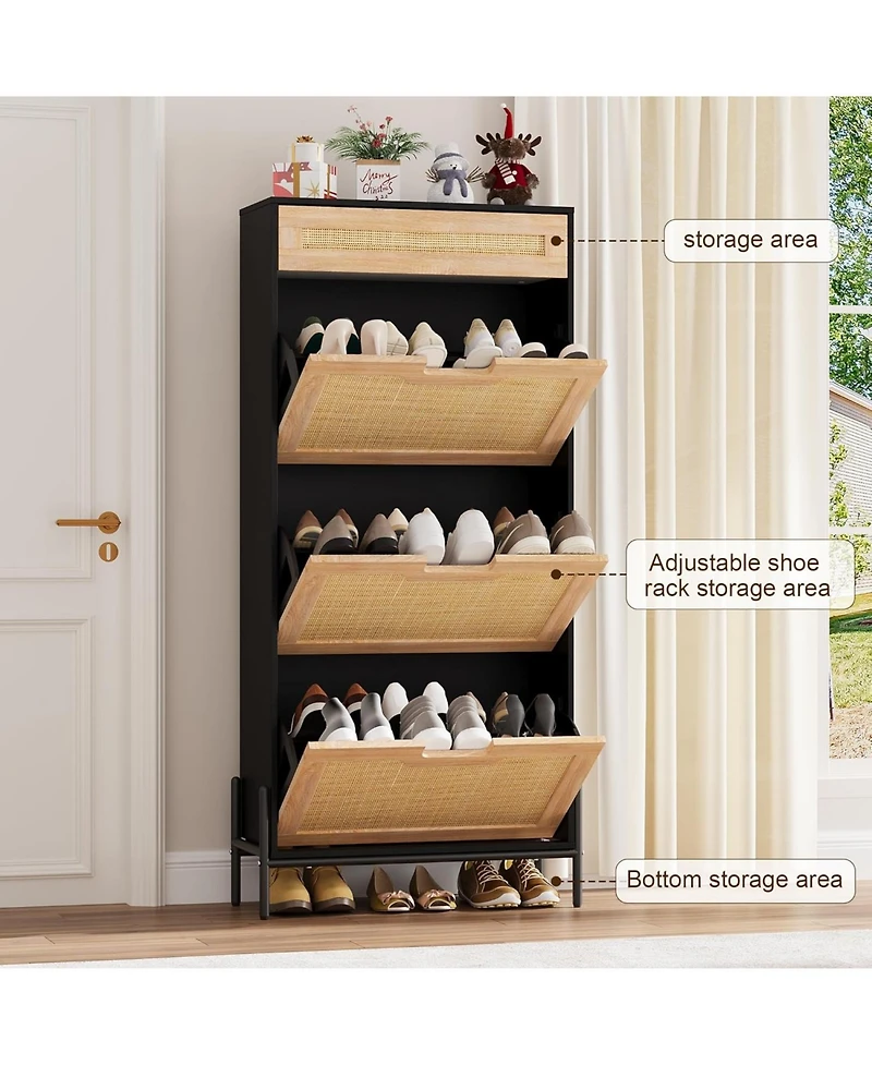 gaomon Rattan Shoe Storage Cabinet with 3 Flip Doors & 1 Drawer, Adjustable Shelf Freestanding Entryway Cabinet