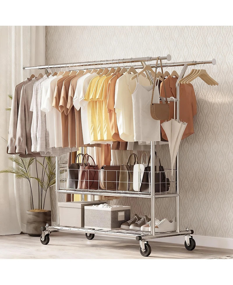 Yigii Adjustable 3-in-1 Metal Garment Rack with Storage Basket and Wheels