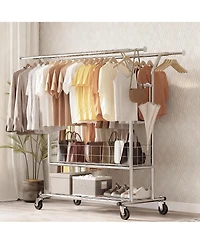 Yigii Adjustable 3-in-1 Metal Garment Rack with Storage Basket and Wheels