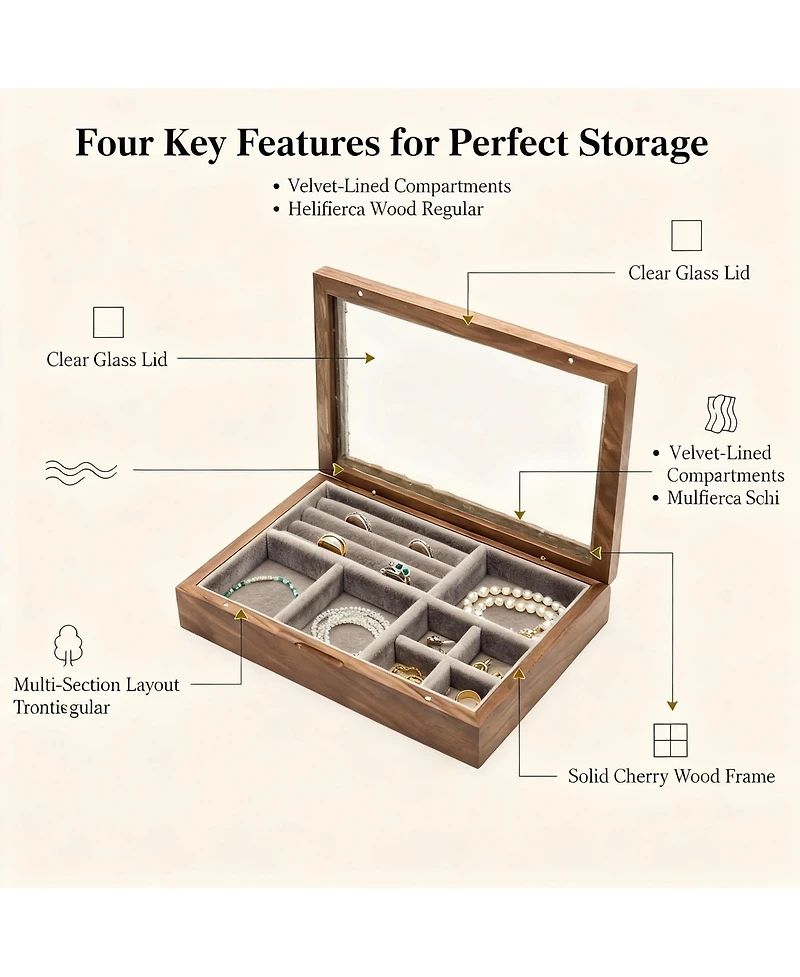 Yigii Handcrafted Cherry Wood Jewelry Box with Glass Lid
