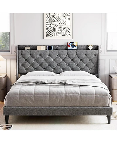 gaomon Frame with Charging Ports & Storage Shelf, Upholstered Platform Bed with Wingback Headboard, No Box Spring Needed, Easy Assembly