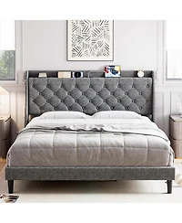 gaomon Frame with Charging Ports & Storage Shelf, Upholstered Platform Bed with Wingback Headboard, No Box Spring Needed, Easy Assembly