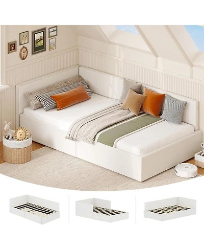 gaomon Twin Daybed with Bed Rails, Velvet Upholstered Corner Bed Frame with Headboard, Modern Kids Bed with Guardrail for Living Room, Bedroom