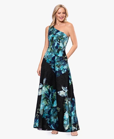 Betsy & Adam Petite Printed One-Shoulder Ball Gown Dress