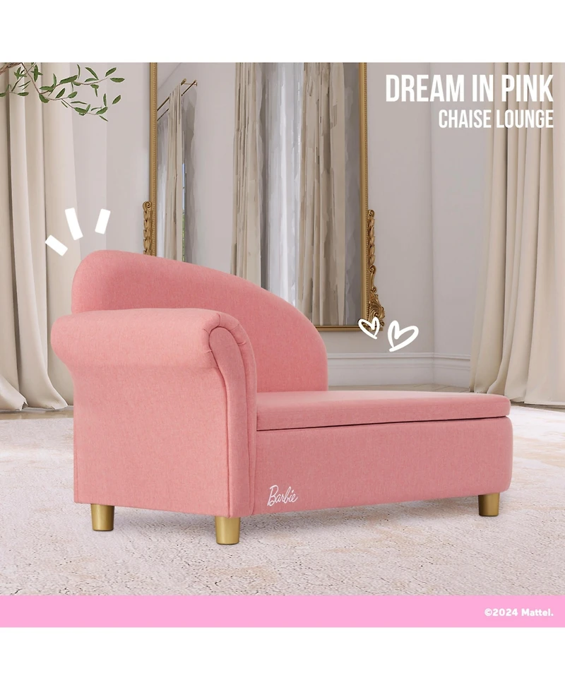 Evolur Girls Barbie Dream in Chaise Lounge, Soft Upholstered Seat with Raised Backrest, Gold-Tone Legs and Hidden Storage, Astm Certified