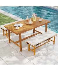 Gymax 3-Piece Patio Dining Set Rectangular Table & 2 Benches w/1.97'' Umbrella Hole