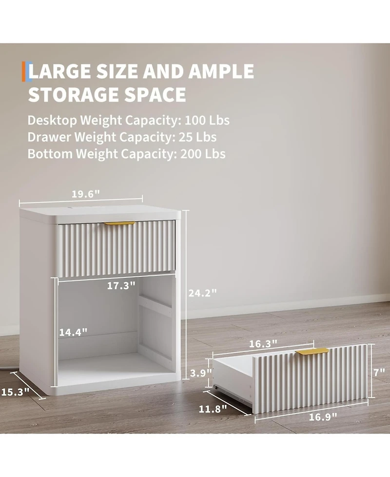 gaomon Fluted Nightstand with Charging Station, Bedside Table with Drawers and Open Storage Space, 2PCS