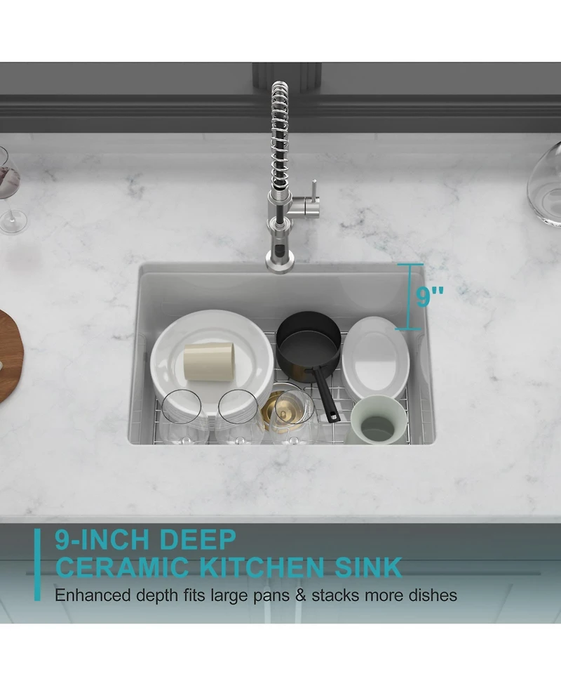 flynama huluwat Undermount Single Bowl Porcelain Ceramic Kitchen Sink Dual Mount White Ceramic Rectangular Deep Basin