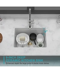 flynama huluwat Undermount Single Bowl Porcelain Ceramic Kitchen Sink Dual Mount White Ceramic Rectangular Deep Basin