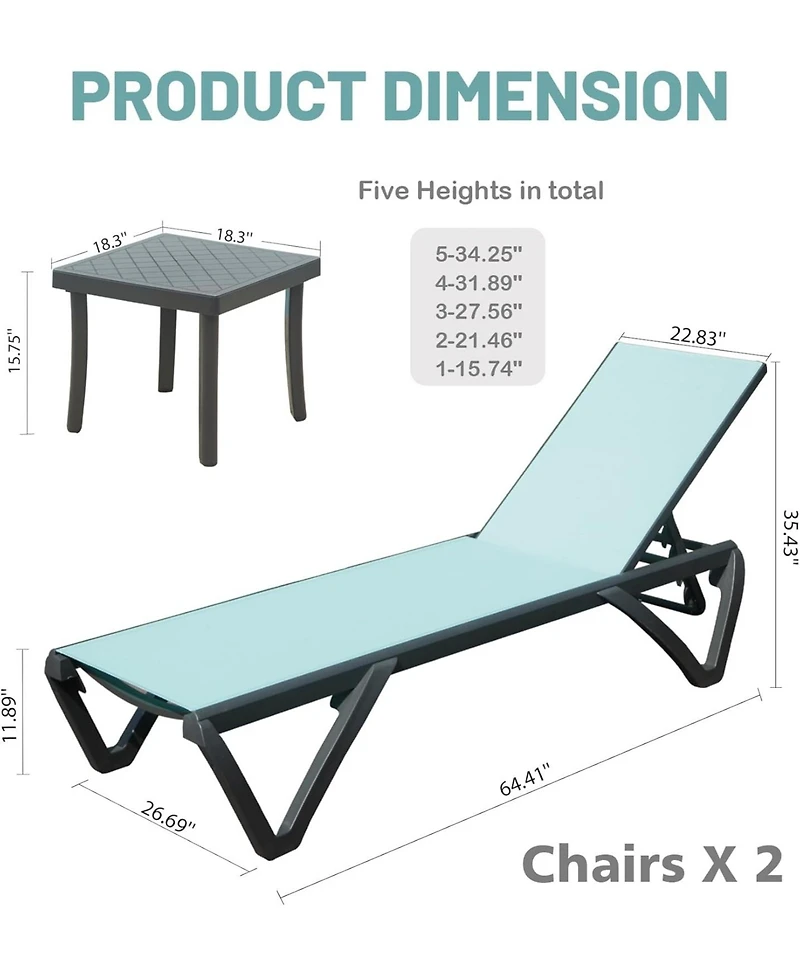 Clihome Outdoor Lounge Chair Set, Aluminum Plastic Patio Chaise with Side Table & 5 Position Adjustable Backrest Wheels