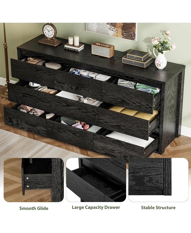 gaomon Rustic Farmhouse 9 Dresser for Bedroom,Wooden Drawer Dresser,Handle-Free Storage Cabinet with Drawers Bedroom