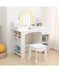 gaomon Kids Vanity with Lighted Mirror - 2 in 1 Little Girls Vanity Table and Stool - Kids Makeup with Bookshelf/Drawer and Open Shelves