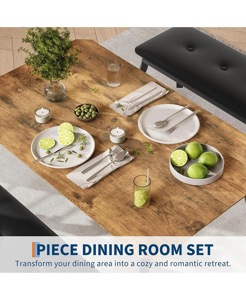 gaomon 3-Piece Retro Dining Set Space-Saving Table and 2 Upholstered Benches for 4 Chamfer Design Metal Frame Kitchen Furniture for Apartments Studios