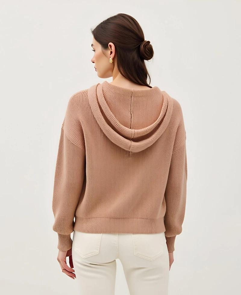 Modenaire Women's Button-Front Knit Drop-Shoulder Hoodie