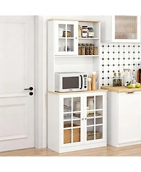 Yigii 72" Kitchen Pantry Cabinet with Hutch, Glass Doors, Adjustable Shelves