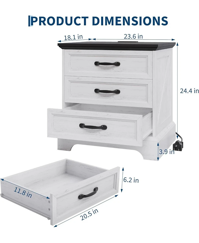 gaomon Modern Farmhouse Nightstand with Charging Station & 3 Large Drawers