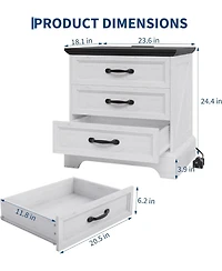 gaomon Modern Farmhouse Nightstand with Charging Station & 3 Large Drawers