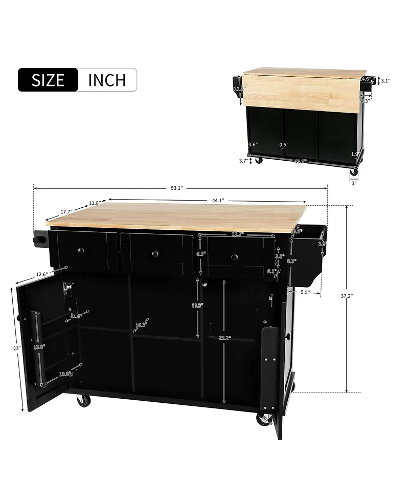 Clihome Kitchen Island Cart with Foldable Table & Adjustable Storage, Black Rolling Utility Cart