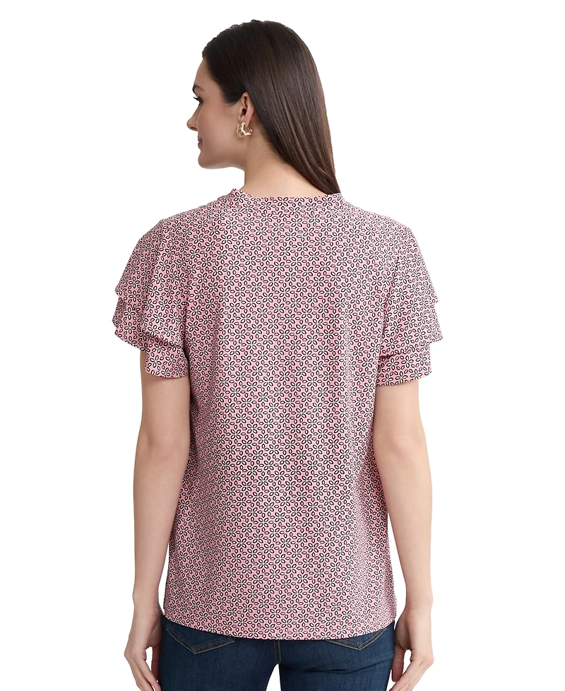 Jones New York Petite Knit Flutter Sleeve Band Collar Top