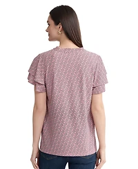 Jones New York Petite Knit Flutter Sleeve Band Collar Top