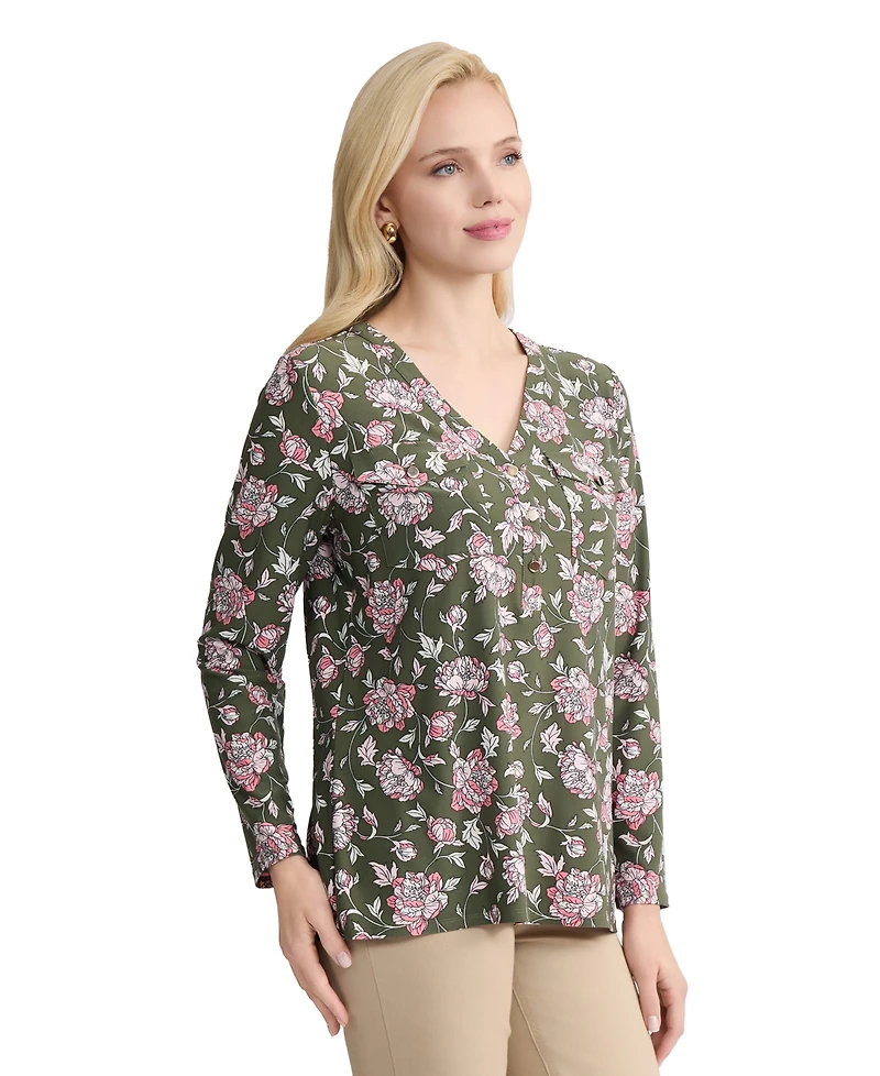 Jones New York Petite Long-Sleeve Henley Neck Top