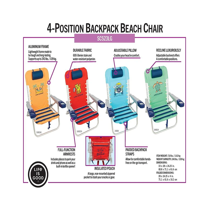 Life Is Good 4-Position Backpack Pillow And Cup Holder Beach Chair
