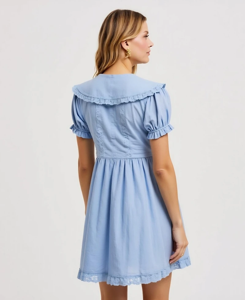 Modenaire Women's Button-Front Lace-Trim Puff-Sleeve Mini Dress