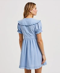 Modenaire Women's Button-Front Lace-Trim Puff-Sleeve Mini Dress