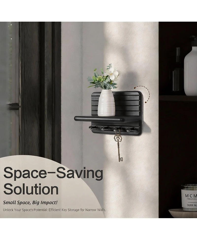 Yigii 7-Inch Pine Wood Key Rack with 4 Hooks & Shelf - Space-Saving Home Decor