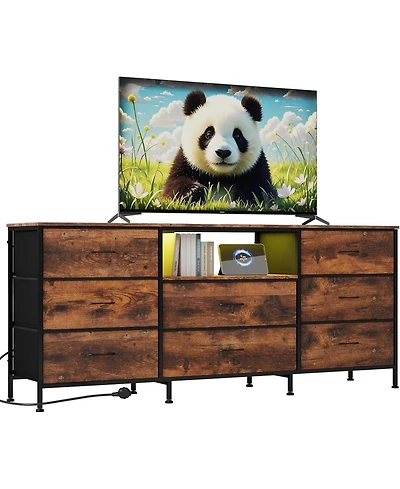 gaomon 63" Tv Stand with 8 Fabric Drawers and Led Lighting, Steel Frame Media Console for 65 70 75 Inch Televisions