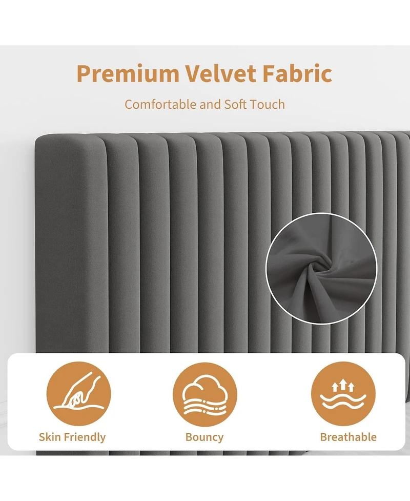 Draft - gaomon Full Size Velvet Bed Frame, Vertical Channel Tufted Headboard, Height Adjustable, Upholstered Platform Bed