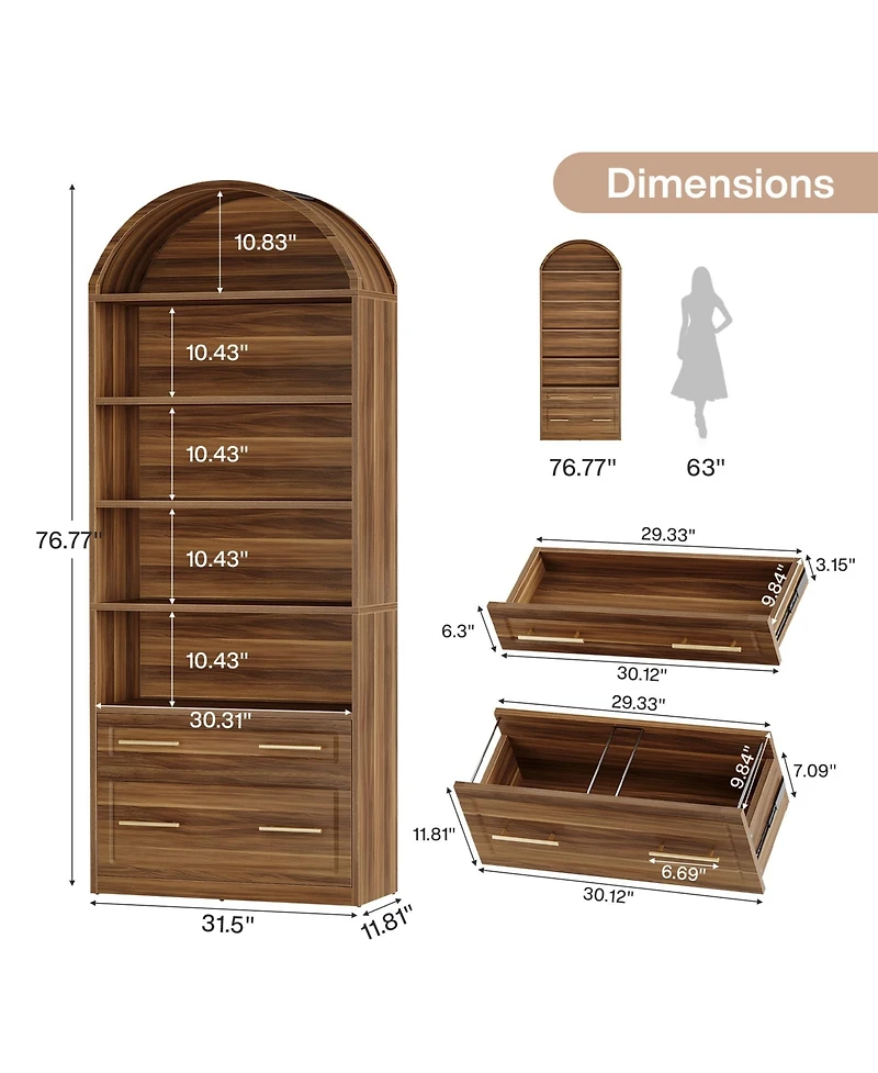 Tribesigns 76.8" Tall Arched Bookcase, 5-Tier Bookshelf with File Cabinet Drawer, Modern Freestanding Wooden Bookshelves, Open Display Storage Sh