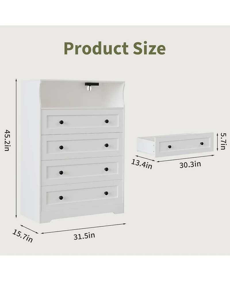 gaomon 4 Drawer Wood Dressers for Bedroom with Led Lights and Charging Station, Modern Nightstand Bedside, Wooden Chest of Drawers
