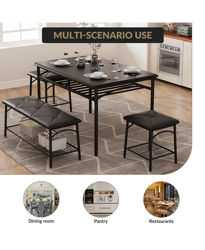 Gomon 4-Piece Dining Table Set with Upholstered Bench & 2 Stools, Storage Shelf, Space Saving Compact Kitchen