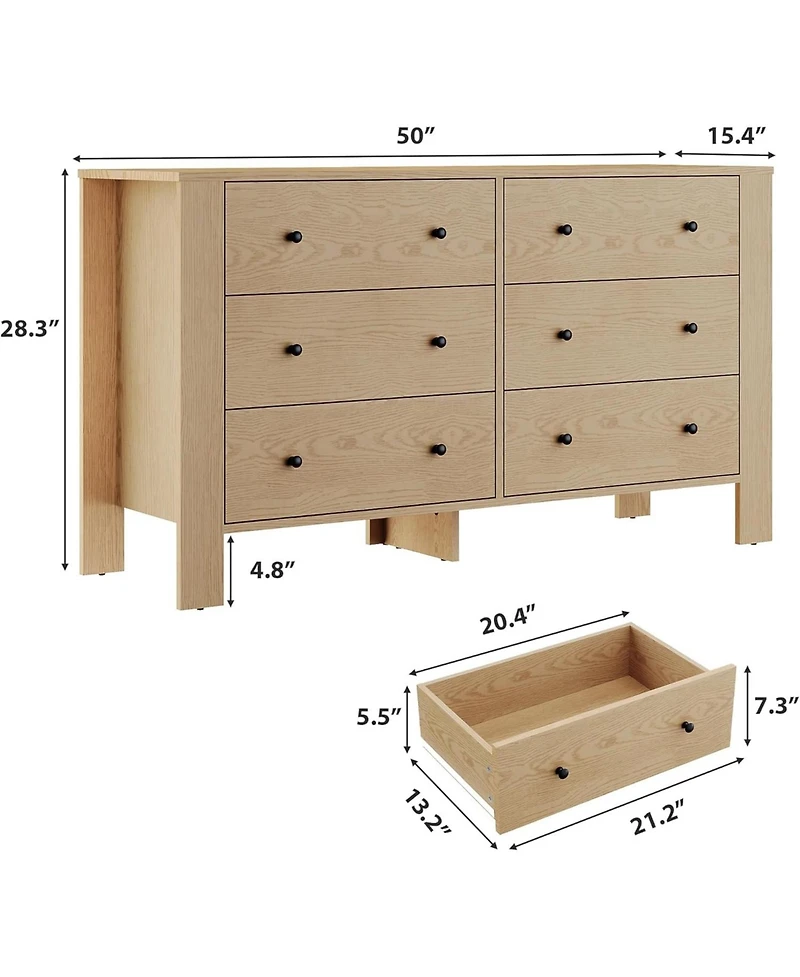 gaomon Natural Oak 6 Drawer Dresser for Bedroom, Modern Wide Dresser Organizer with Storage Drawers, Wooden Chests of Drawers for Bedroom