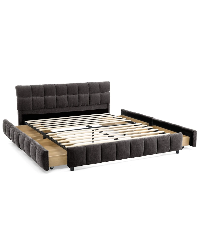 Dyhome Floating Bed Frame Queen with Headboard Storage, Bed Frame Queen Size with Charging Station & Led Lights, Pu Leather Upholstered Platform Bed F