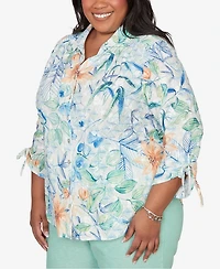 Alfred Dunner Plus Caribbean Blues Tropical Flower Eyelet Tie-Sleeve Top