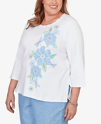 Alfred Dunner Plus Caribbean Blues Embroidered Dragonfly Floral Top