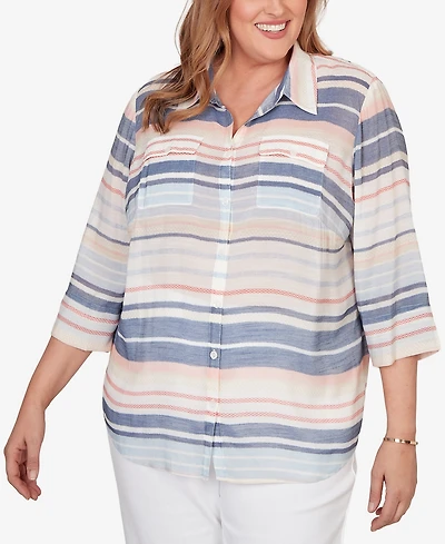 Alfred Dunner Plus Port Side Textured Stripe Button Front Top