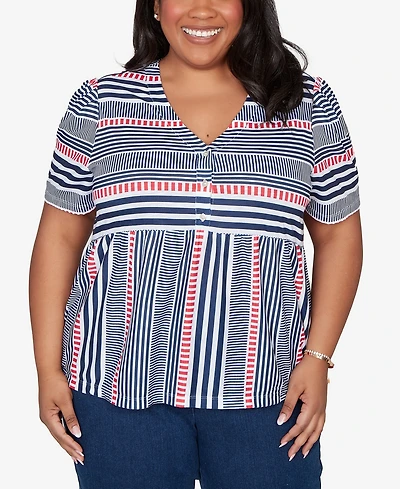 Alfred Dunner Plus Port Side Spliced Mixed Stripe Flutter-Sleeve Top