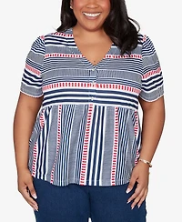 Alfred Dunner Plus Port Side Spliced Mixed Stripe Flutter-Sleeve Top