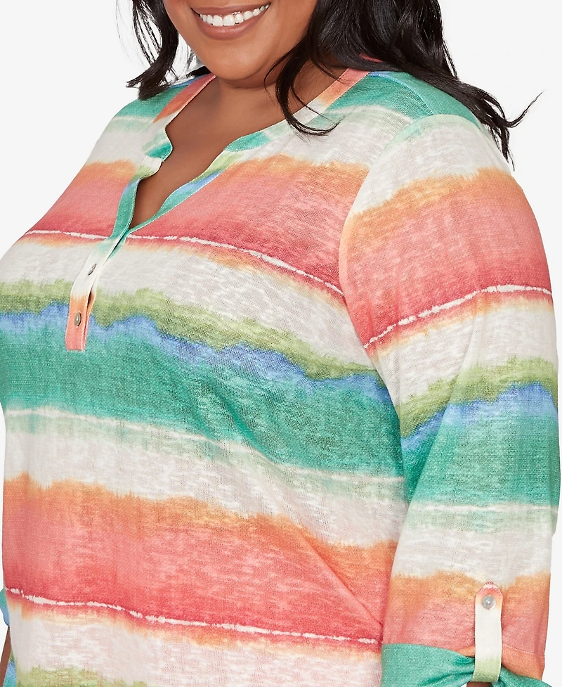 Alfred Dunner Plus Resort Living Biadere Tie Dye Stripe Henley Top