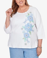Alfred Dunner Plus Caribbean Blues Embroidered Dragonfly Floral Top