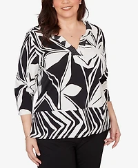 Alfred Dunner Plus Crowd Pleaser Dramatic Abstract Floral Split Neck Top