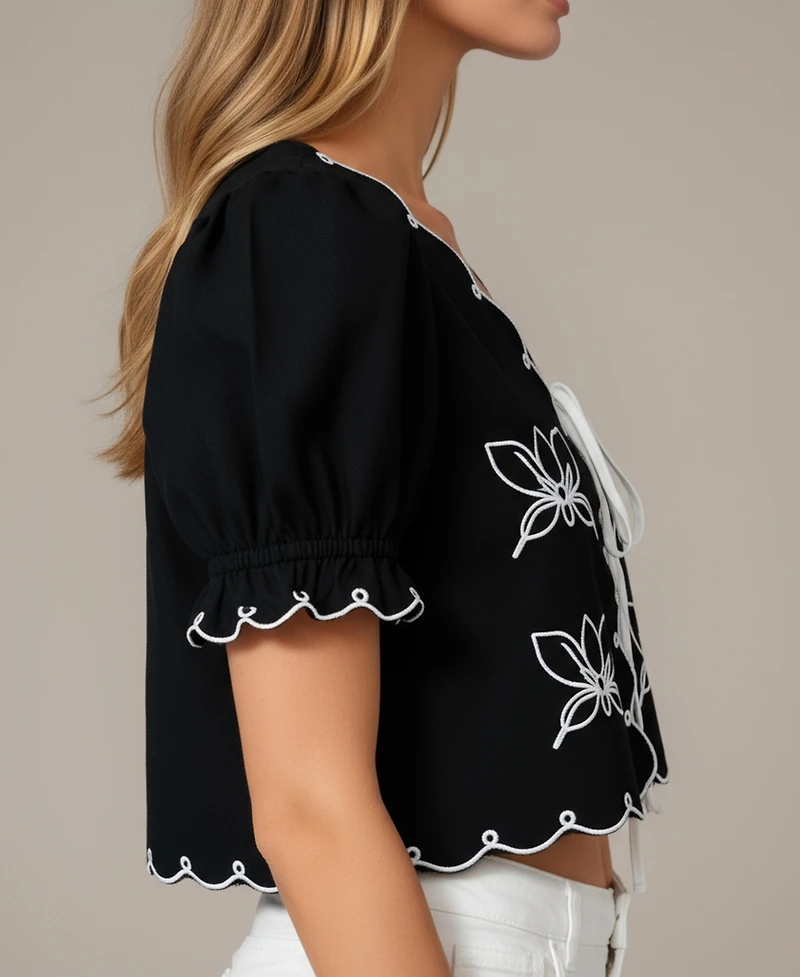 Modenaire Women's Bianca Puff Sleeve Tie-Front Embroidered Top