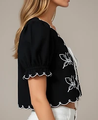 Modenaire Women's Bianca Puff Sleeve Tie-Front Embroidered Top