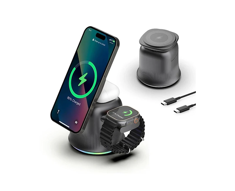 Risokeys 3-in-1 Wireless Charger with Charging Port - Compatible with Phone, Earphones and Watch, Magnetic Stand with MagSafe