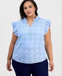 Anne Klein Plus Split-Neck Flutter-Sleeve Top