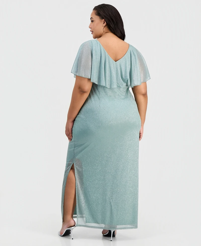 Connected Plus Cape-Overlay V-Neck Glitter Dress