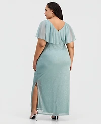 Connected Plus Cape-Overlay V-Neck Glitter Dress